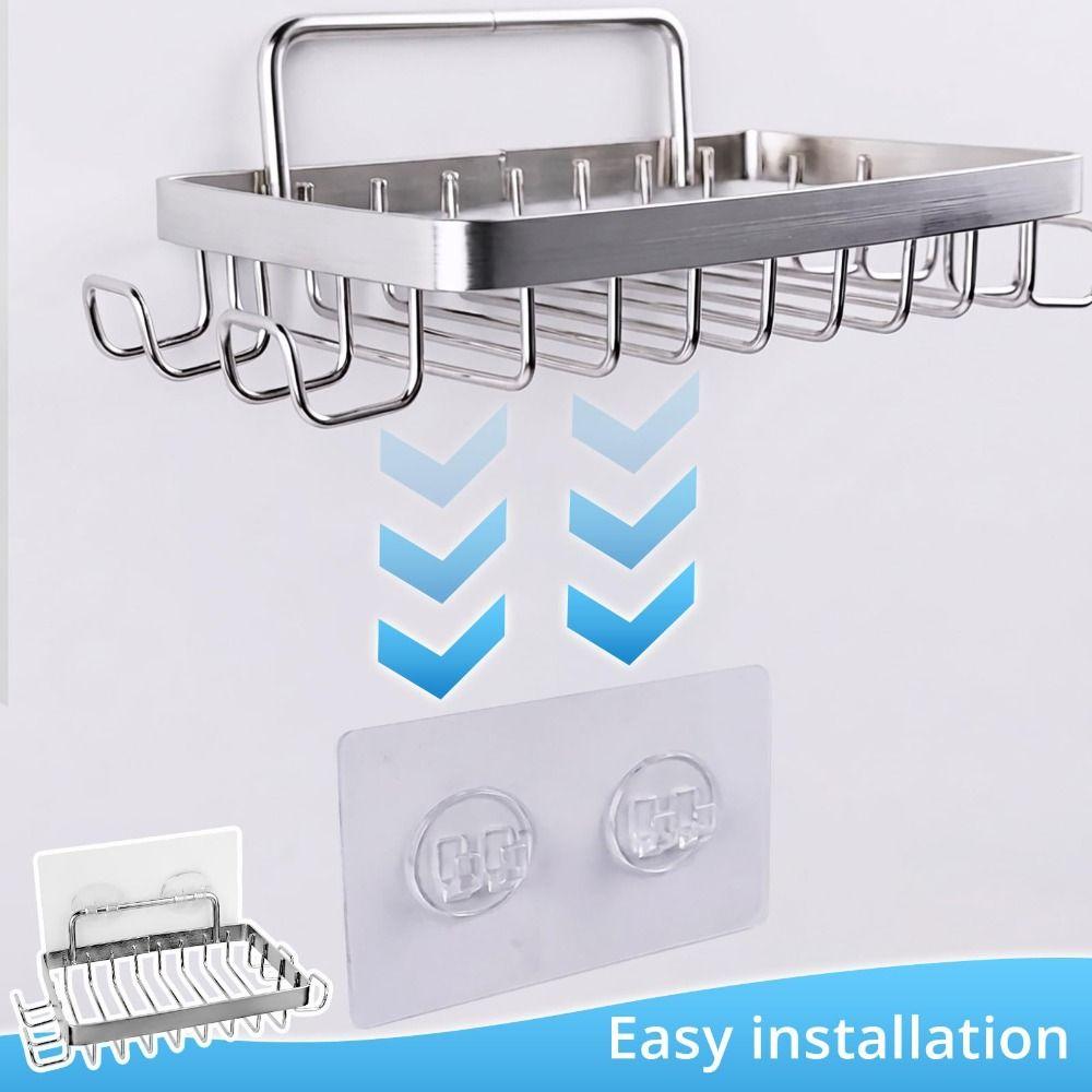Rustproof Shower Storage Basket Self Adhesive Wall Mounted Wall Shelves with Hooks Large Capacity Wall-Hung Metal Soap Tray Soap