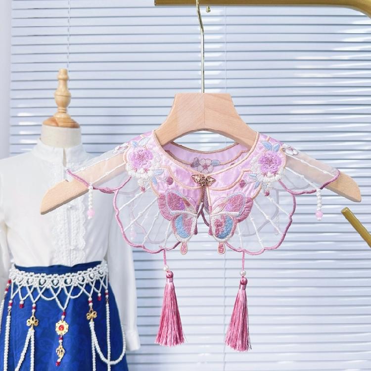 Girls Vintage Embroidery Butterfly Pearl Tassels Decorative False Collar Shawl