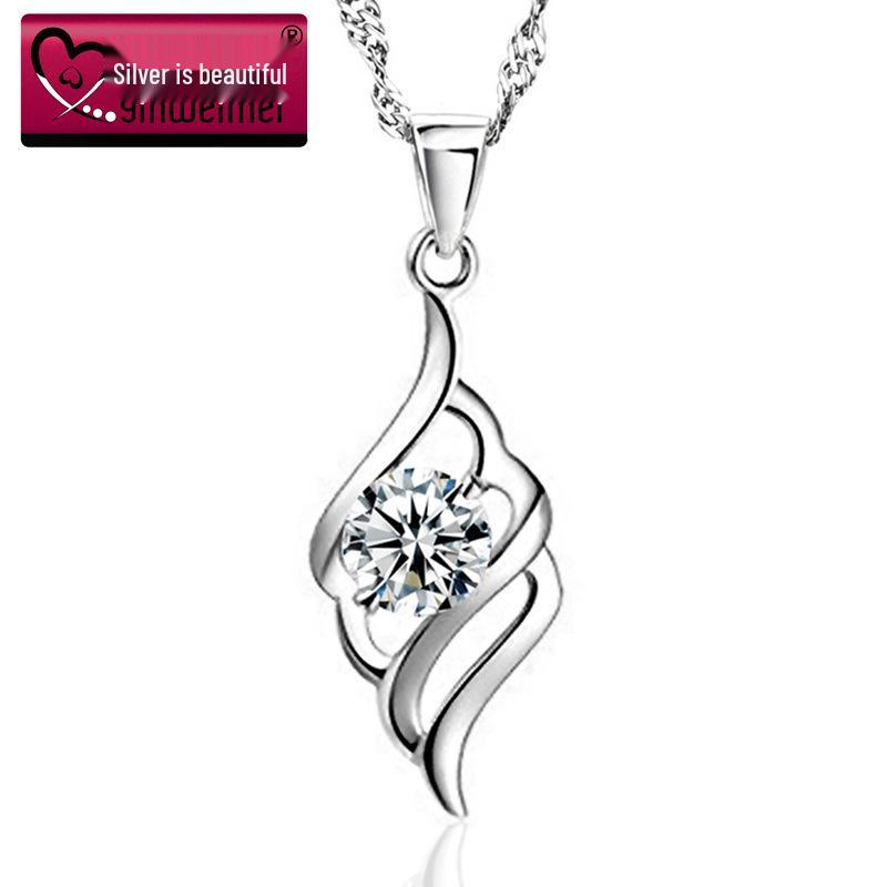 925 Sterling Silver Angel Feather Necklace, Korean and European Style Jewelry, Crystal Gifts, Christmas.