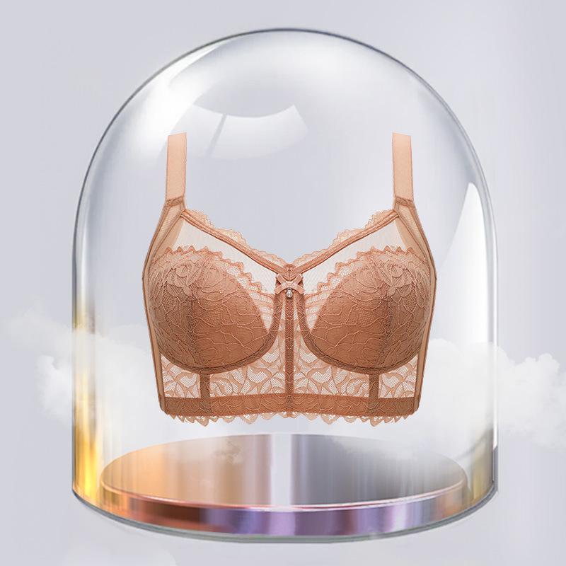 Summer ultra-thin steel-rimless underwear women's full cup, big chest, small lace, breathable, double breasts, anti-sagging bra cover