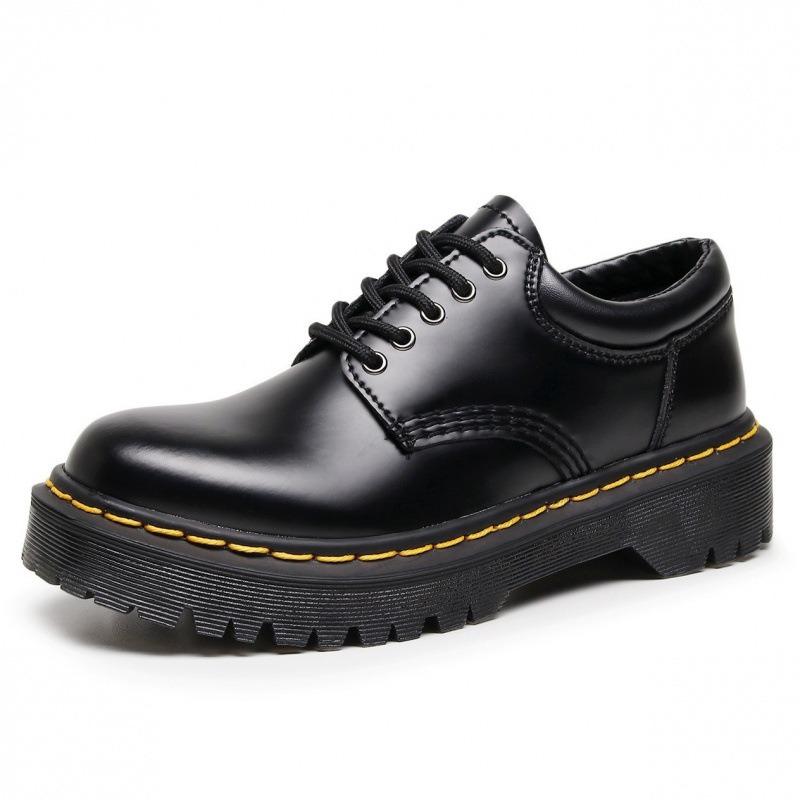 Thick Bottom Hole Punk Small Leather Shoes Women's Low Top, Genuine Leather British Round Head Casual Student Muffin Bottom Short