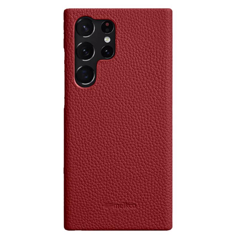 

MELKCO Incomplete Cover for Samsung Galaxy S23 Ultra,Genuine Cow Leather Coated PC Phone Shell Red