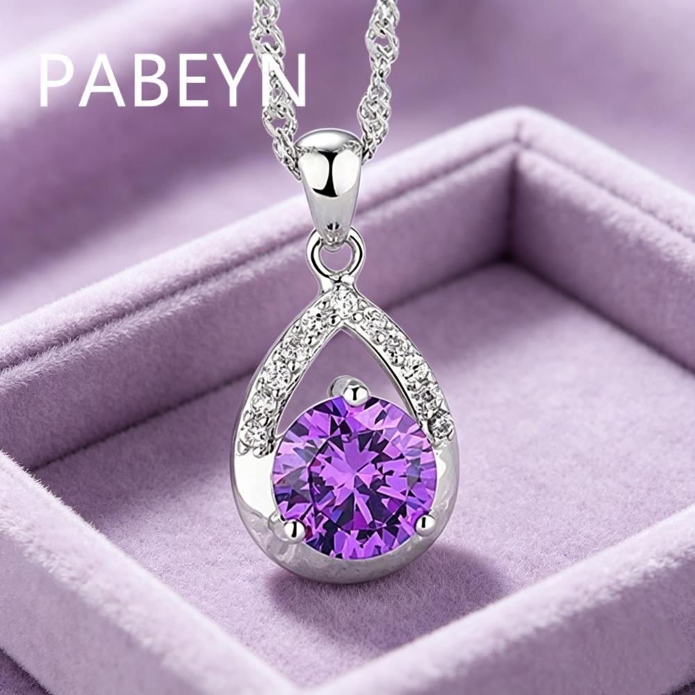 925 Sterling Silver Stylish Simple White Purple Zircon Droplet Pendant Necklace, Birthday Party Anniversary Gift, Ladies Jewelry