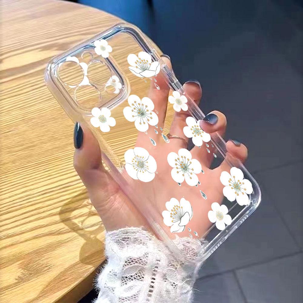 White Flowers with Dewdrops Lucency Phone Case for IPhone 14 15 16 13 12 11 17 Pro Max 12 13 Mini Soft Cover