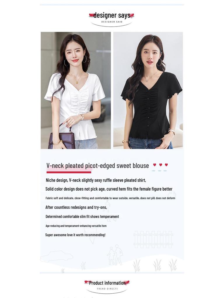 Frühling/Sommer 2025 Damen V-Ausschnitt Kurzarm T-Shirt - Koreanischer Stil mit süßen Rüschenärmeln