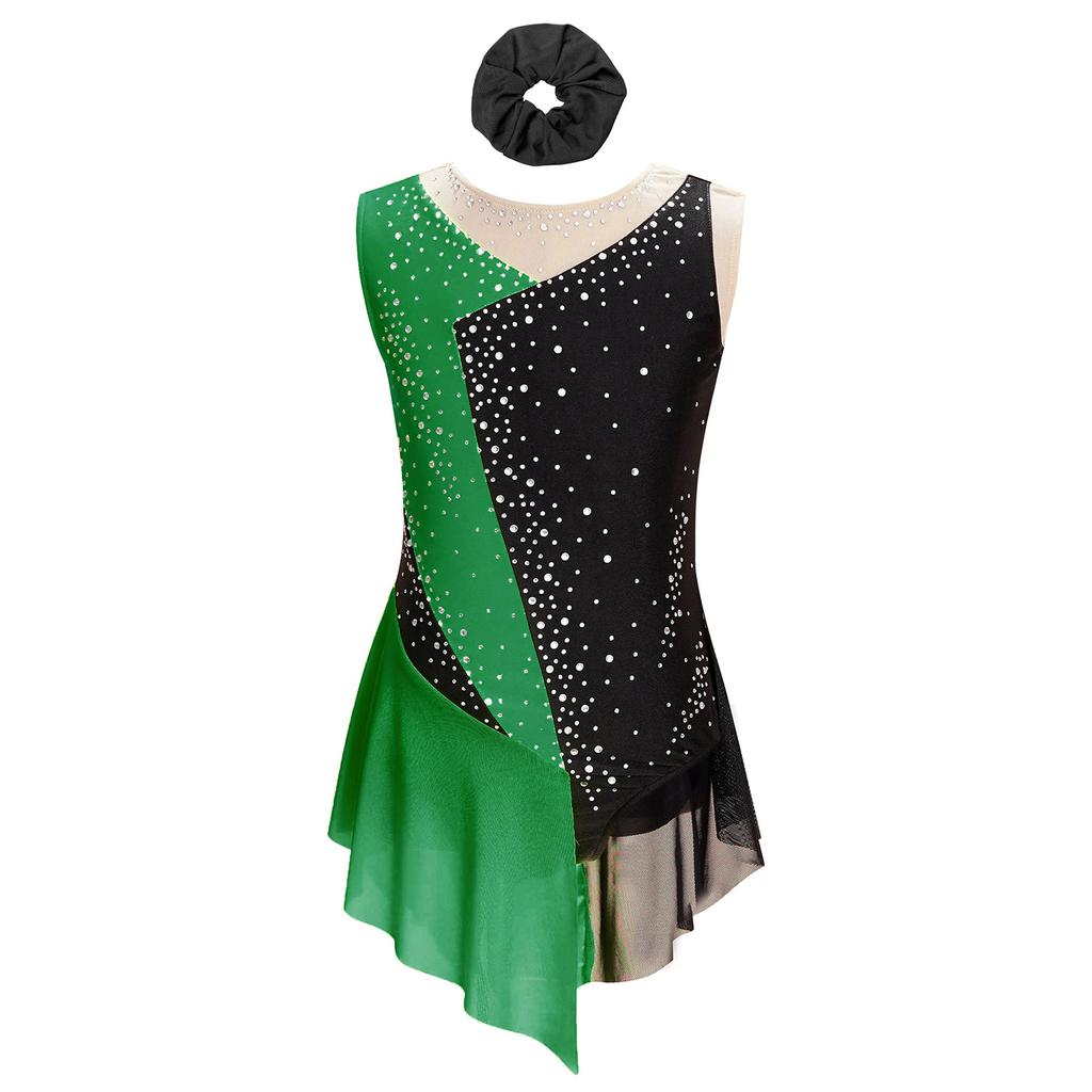 Flickors Konståkningsdansdräkt Glittrig Strass Färgblockad Leotard Genomskinlig Nätmönstrad Ärmlös Bodysuit Hårband Set