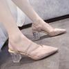 Mode Bling High Heels Pumps Frau Elegant Kristallriemen Blockabsätze Hochzeitsschuhe Frauen Glitzernde Spitze Zehe Transparente Absatzsandalen 32-42