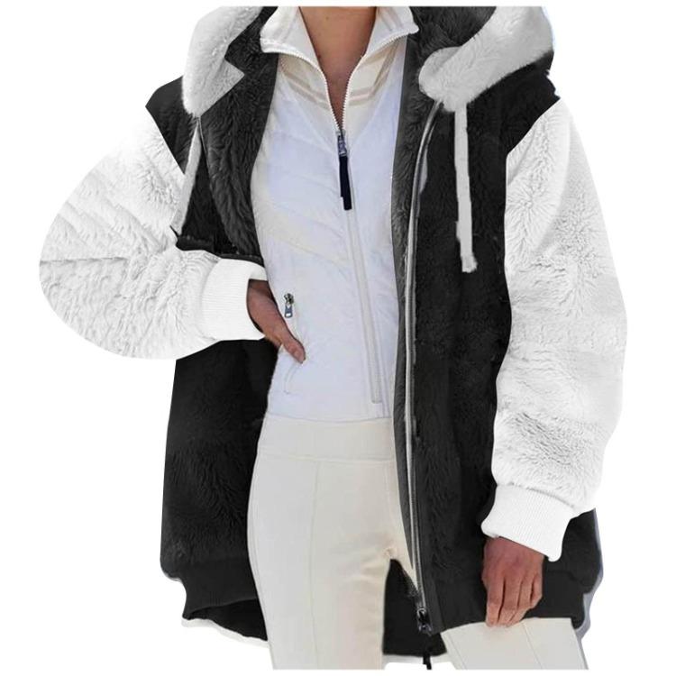 Hooded Zip Multicolor Women's Large Size Loose Coat Paneled Plush Jacket