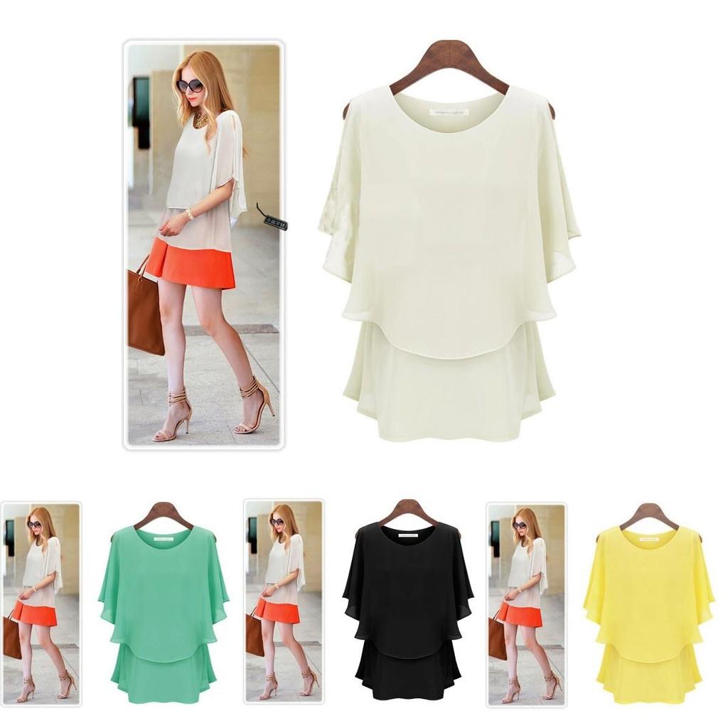 New Arrival Latest Women Chiffon Summer Plus Size Lotus Sleeve Double Shirt Sundress Elegant Casual Wear