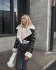2023 Black Leather and White Fur Short Motorcycle Jacket - Autumn/Winter Street Style