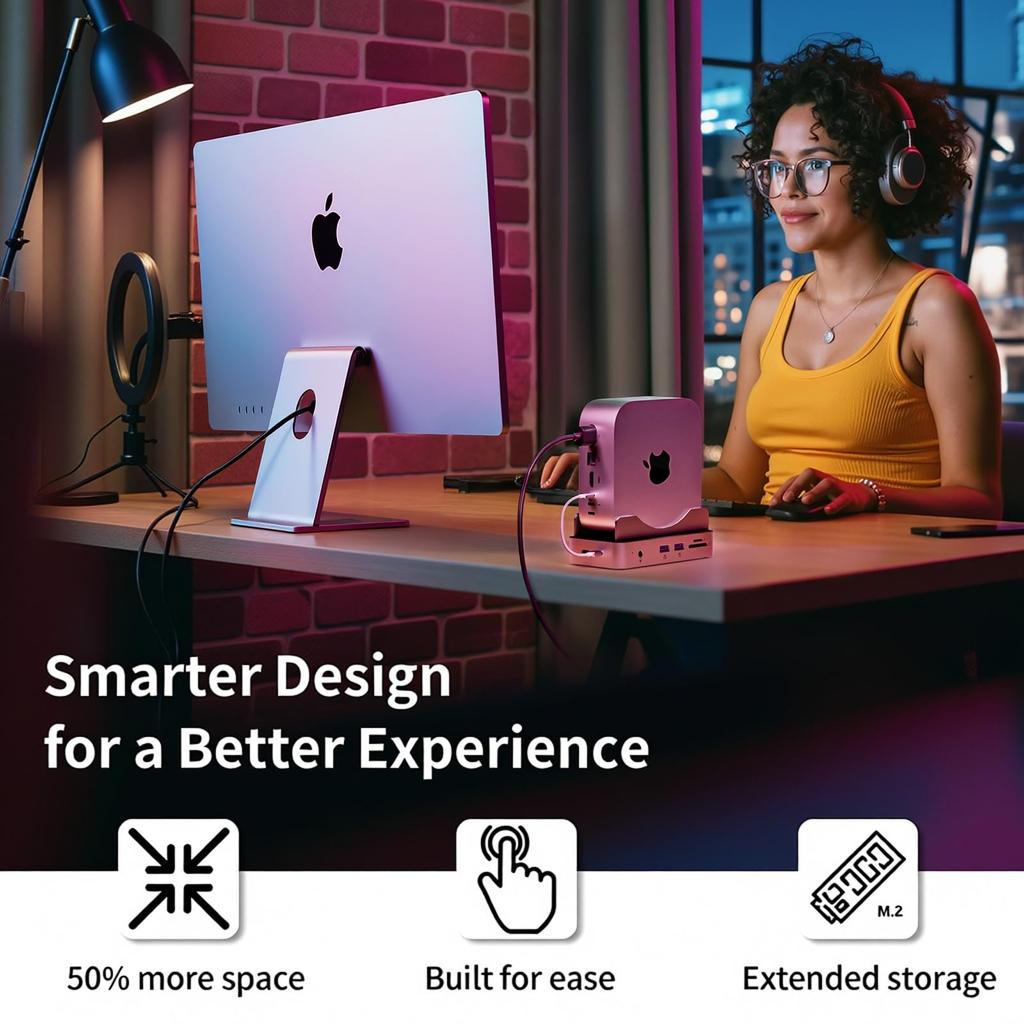 Phixero Mac mini M4 NVMe SSD Aluminum Stand 10Gbps Design Dock, Case, 6-in-1 Hub, USB-A, SD/TF Reader, Space-Saving