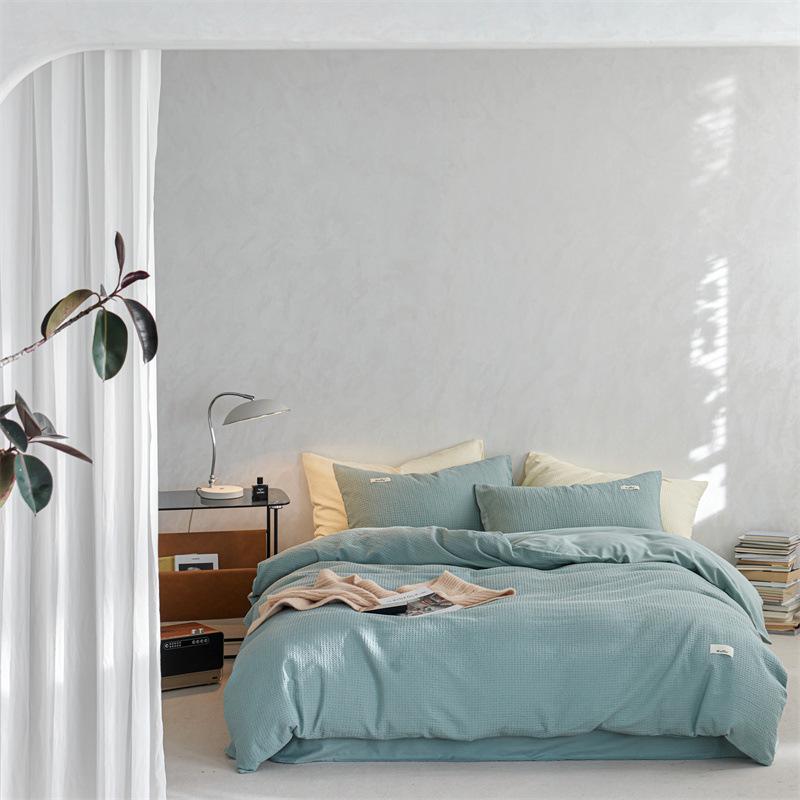 Waffle Weave 4-Piece Set: Modern Style, 60s Pure Cotton, Solid Color Bed Sheets, Pure Cotton Duvet Cover, Light Luxury Bedding