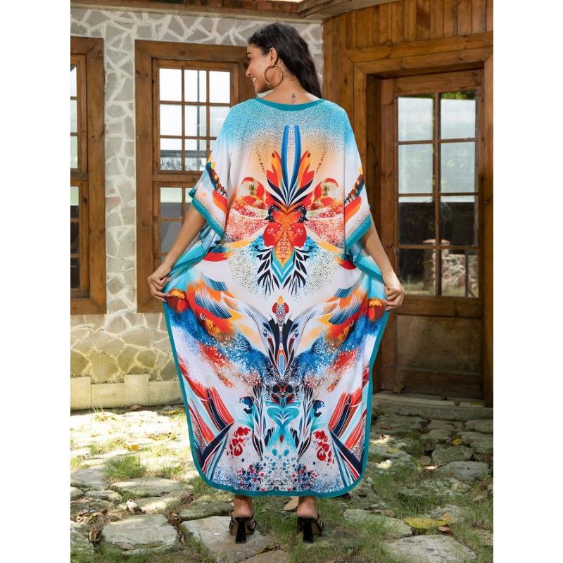 Damenmode Sommer Frühling Farbblockdruck 1/2 Ärmel V-Ausschnitt Lose Taille Freizeitkleider