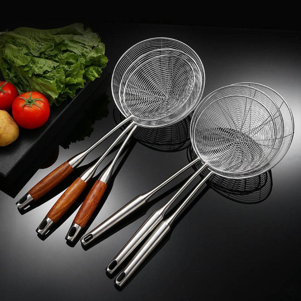 Wooden Handle Mesh Strainer Stainless Steel Fried Sieve Spoon  For Noodle French Fries