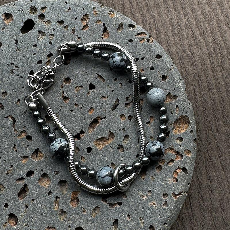 

Мужской браслет Gaga из двойной змеевидной цепочки с бусинами из камня «снежинка»