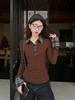 Women's Red Plaid Polo Collar Faux Two-Piece Slim-Fit Top for Autumn/Winter
