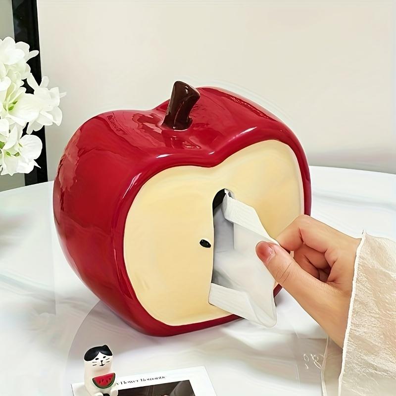Creative Apple Core Tissue Box Holder ,Whimsical Ceramic Napkin Dispenser with Cute Cartoon Face Design, Decorative Tissue Box for Living Room
