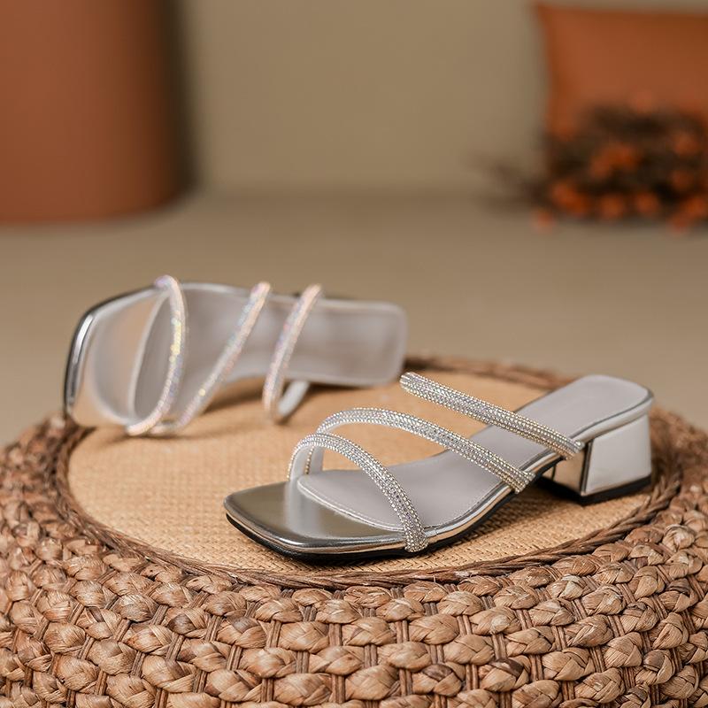 

Fashion Elegant Women Med-High Heels Sandals Crystal Band Slippers Ladies Block Silver Heel Slides Shoes Summer Open Toe Wedges Sandalia 35 серебряный