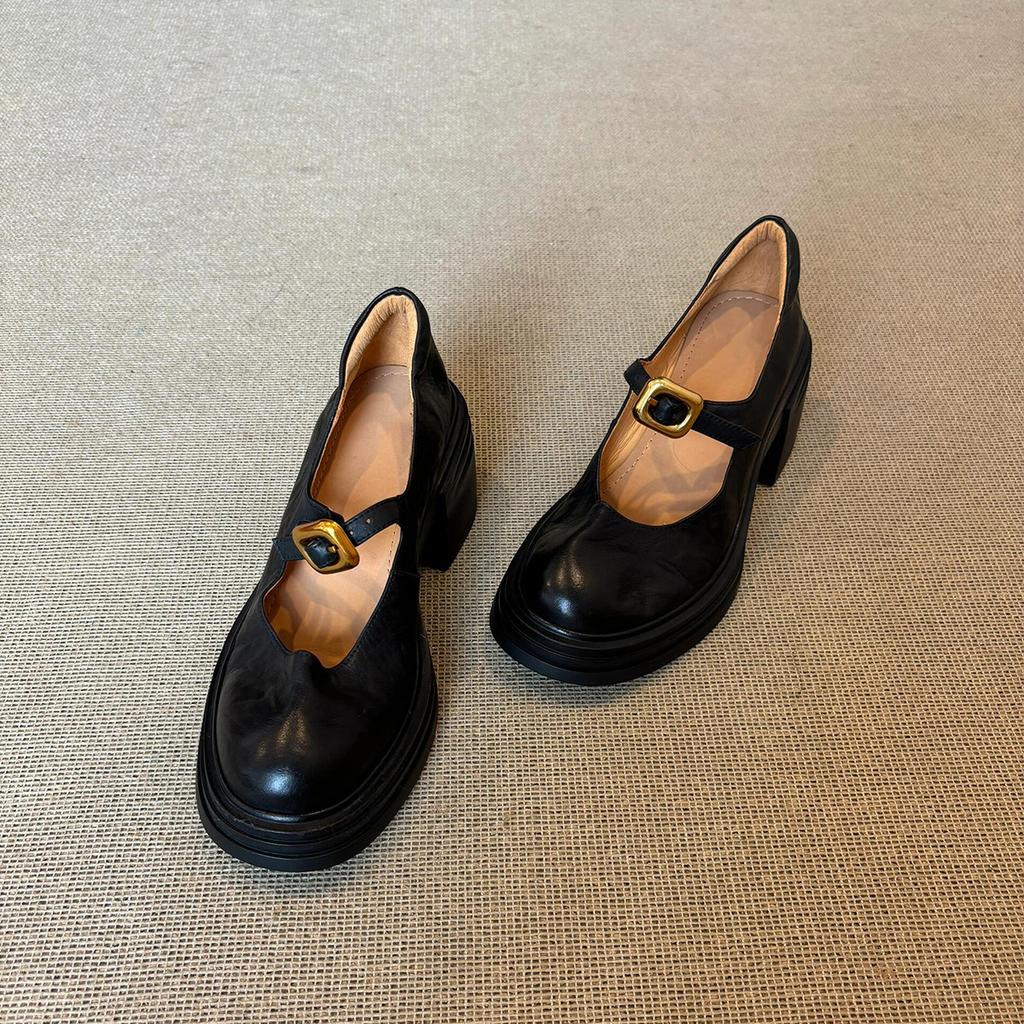 Sheepskin Version~ British Versatile Thick-soled Round-headed Small Leather Shoes for Women's Retro Shallow Mouth One-word Buckle Thick-heeled Mary 