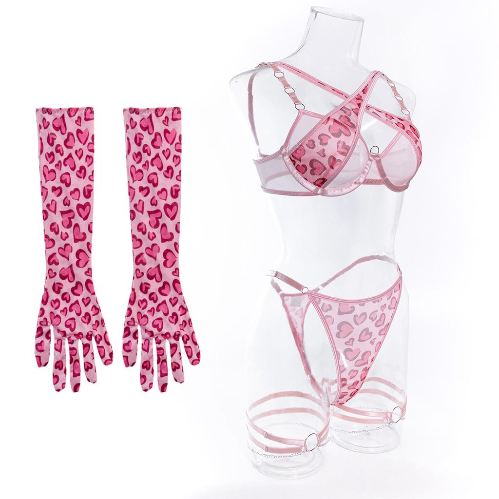 Rosa Leopard Metallkette Dessous Set Damen Französische Ästhetik Y2k Sets mit Handschuhen Beinschmuck Valentinstagsgeschenk Mode Dessous Anzug Neu