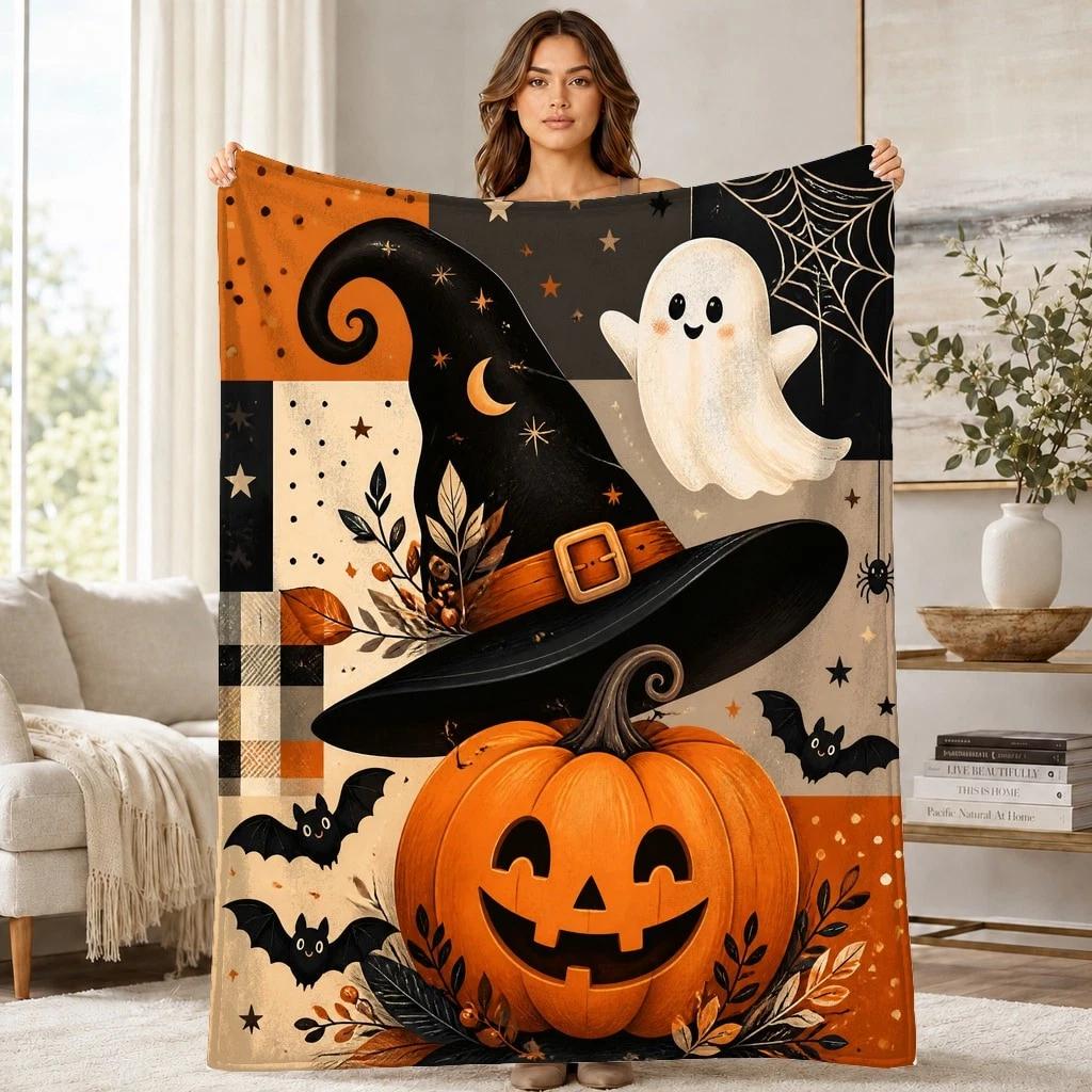 Witch Ghost Pumpkin Coral Fleece Blanket Halloween Decor