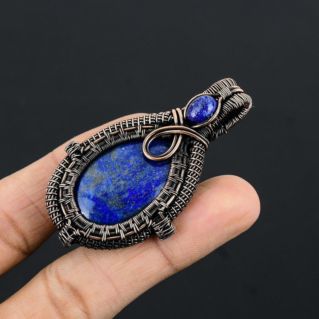 Lapislazuli Anhänger Handgefertigter Edelsteinschmuck, 999 Kupferdraht gewickelter Anhänger, Schmuckanhänger mit einzigartigem Design