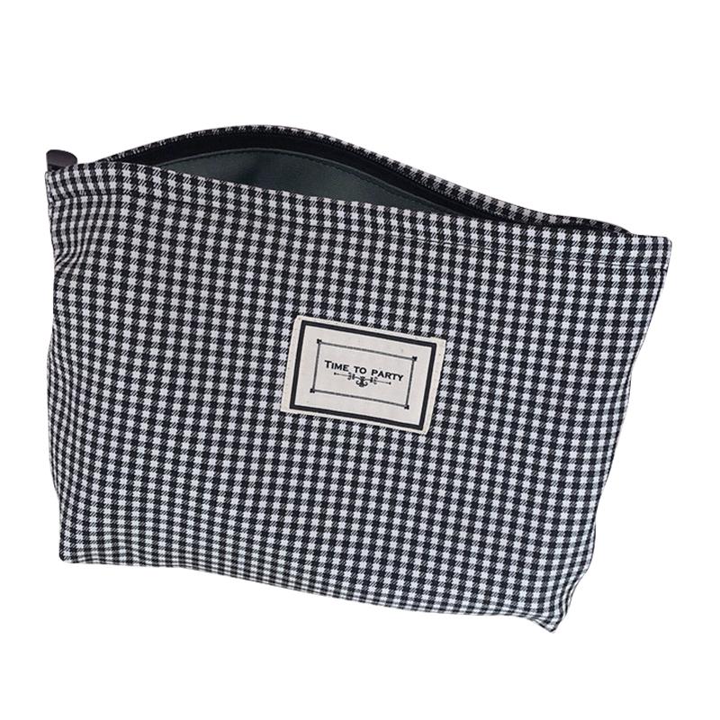 

631 Classic Grid Pattern Makeup Bag Women Travel Toiletry Organizer Canvas Cosmetic Pouch Black Fine Grid
