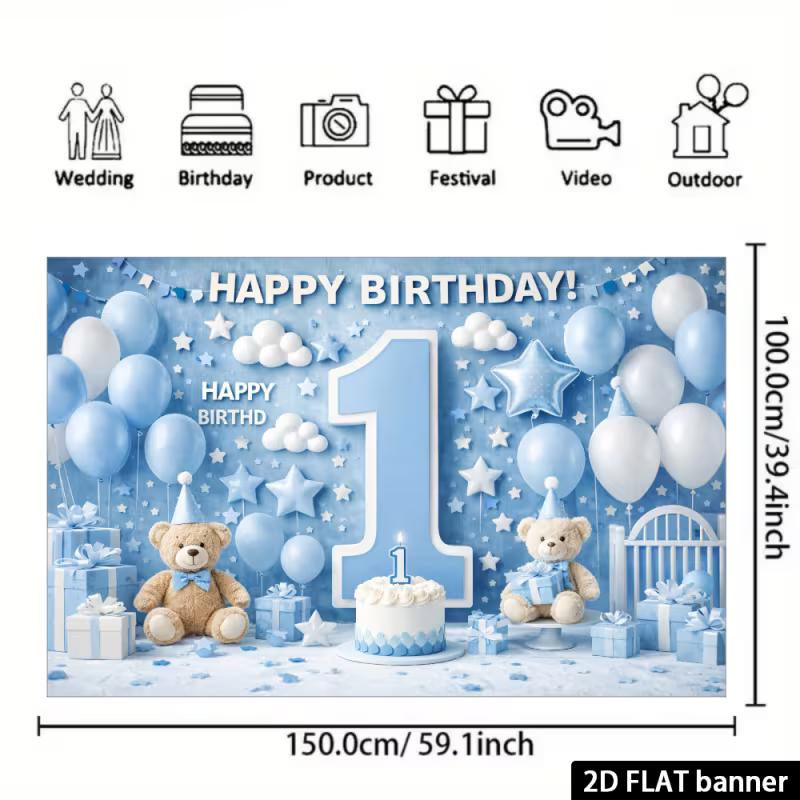 2D Little Prince 1st Birthday Backdrop - Blue Teddy Bear Banner for Boys 1st Birthday Photoshoot