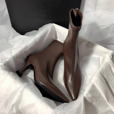 Brown Short Boots Women's High-heeled Thin-heeled Pointed Rear Zipper Velvet 2025 New Winter Korean Version Elastic Thin Boots