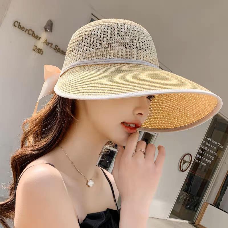 Mori Style Women's Wide Brim Straw Hat with Bow and Satin Ribbon, Sun Protection for Summer Travel and Beach Outings.