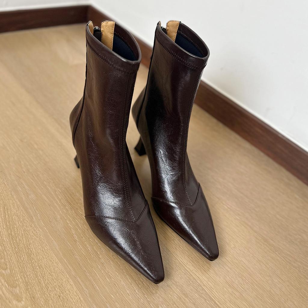 Rindsleder-Version~ Französische spitze elastische dünne Stiefel Damen 2025 dünner Absatz hoher Absatz kurze Stiefel Reißverschluss hinten Temperament einzelne Stiefel