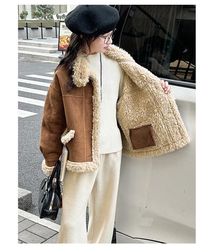 Girls' Fashionable Faux Fur and Leather One-Piece Winter Coat with Cotton-Padded Jacket for Autumn 2025