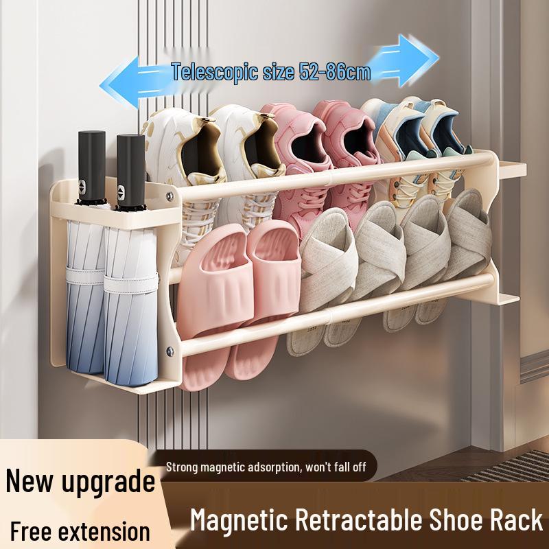 Magnetic Double-Layer Retractable Shoe Rack with Under-Hanging Basket for Door and Home Storage