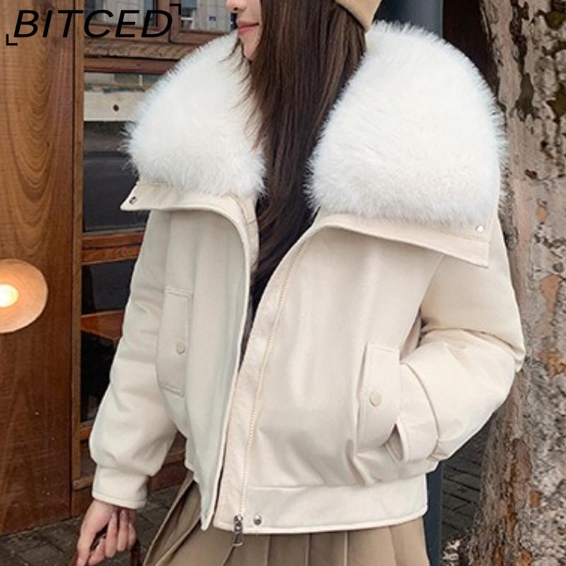 BITCED Women's Short Down Jacket with Oversized Fur Collar Winter Stylish Quilted Coat Thickened Outerwear American Style