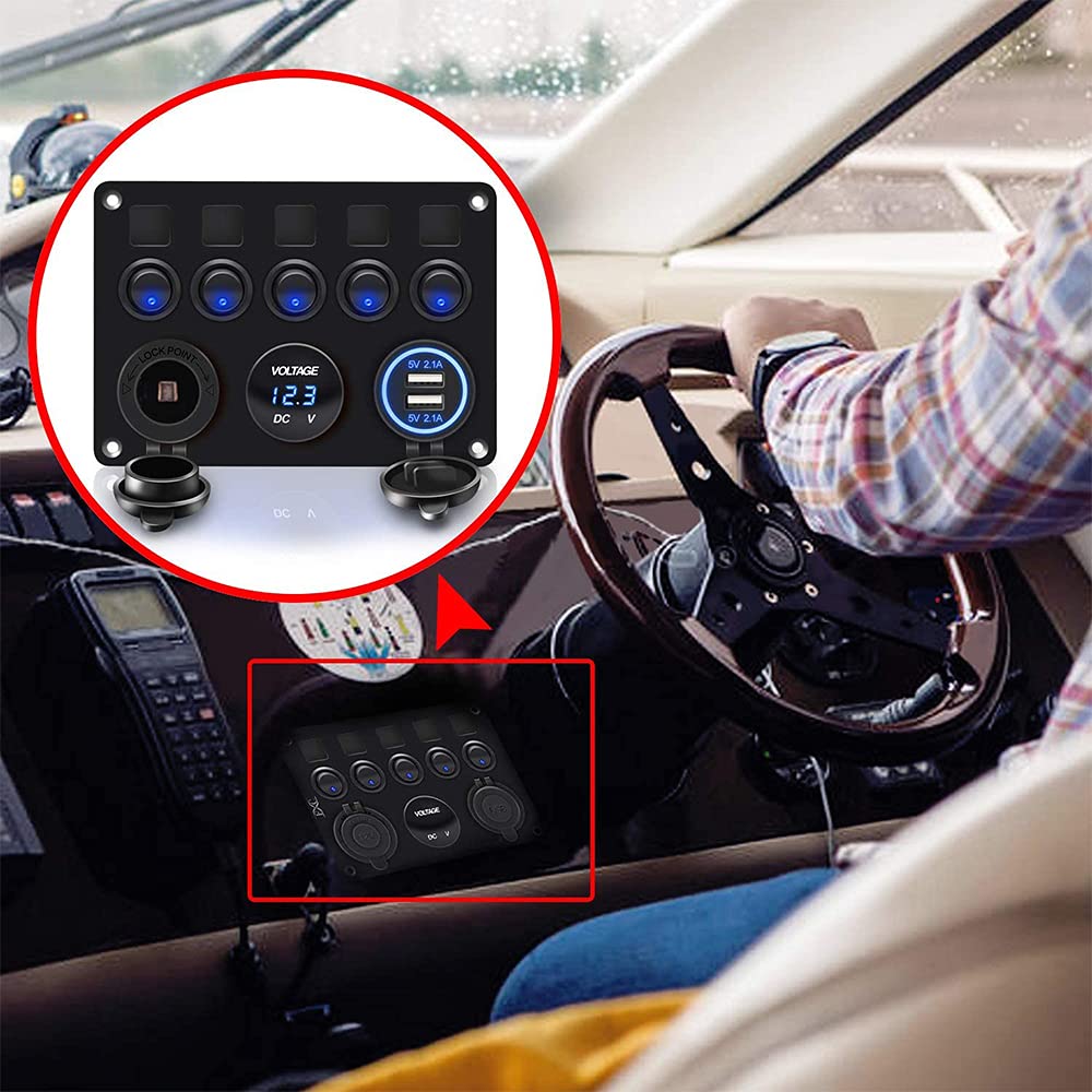 RUIZHI Switch Panel, 5 Rungs, Waterproof, Dual USB Sockets, 5 Connections, Car Boat, Marine