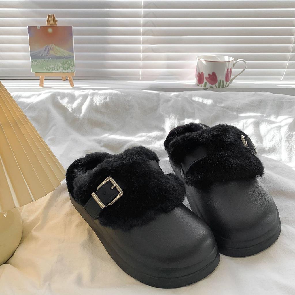 Waterproof Eva Thick Bottom Furry Clogs Women Winter Metal Buckle Fluffy Fur Outdoor Slippers Women's Warm Plush Slippers