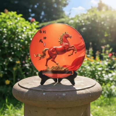 Horse Year Decorative Paintings Ornament Wooden Good Luck Photo Frame Decorations Funny Round Desktop Ornament