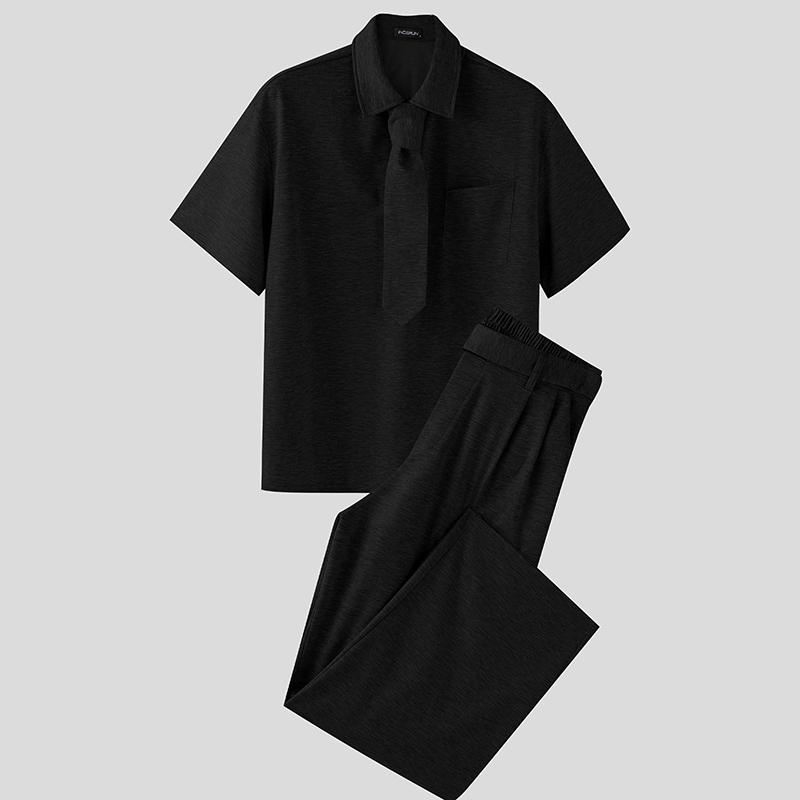 

INCERUN 2 ШТ. Мужские футболки с коротким рукавом и отложным воротником на завязках, комплекты длинных брюк S чёрный