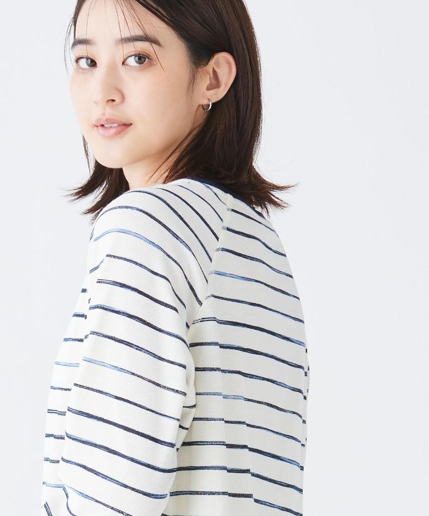 LL Bean Unshrunkable Mini Waffle Long Sleeve Crew US Size Sailcloth Painterly 1000191681 Women's Tee, Neck, Striped, Fit, Petite, M, Stripe, White,