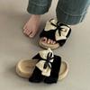 Flat-bottomed cute fluffy slippers women's warm and comfortable autumn retro bow non-slip cartoon one-pedal cotton slippers
