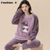 Thickened Warm Large Size Padded Fall and Winter Women's Pajamas Top and Pants Set Coral Velvet Ladies Cartoon Bear 2PCS/Set