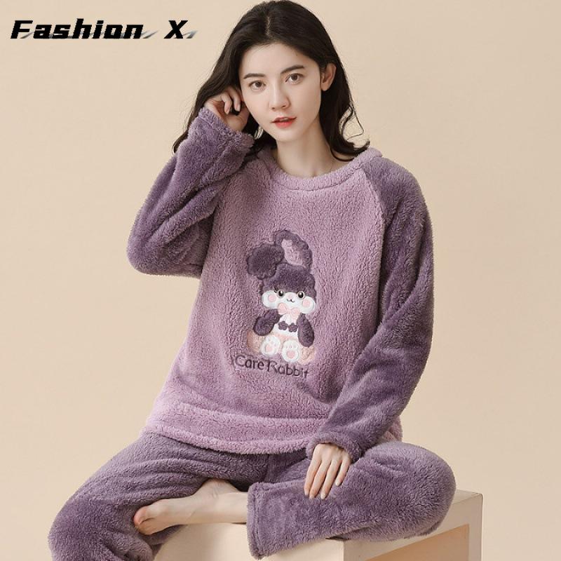 Thickened Warm Large Size Padded Fall and Winter Women's Pajamas Top and Pants Set Coral Velvet Ladies Cartoon Bear 2PCS/Set