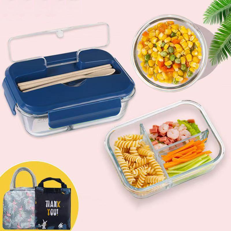 3/2/1-Compartment Heat-Resistant Glass Lunch Box With Cutlery Spill-Proof Office Airtight Lunch Box Bento Box Microwaveable