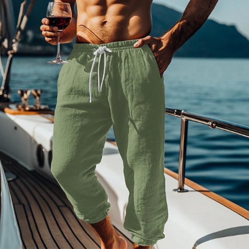 Cotton and Linen Nine Cropped Pants Beach Pants Pocket Drawstring Elastic Waist Solid Color Comfortable and Breathable  Men’s Casual Pants