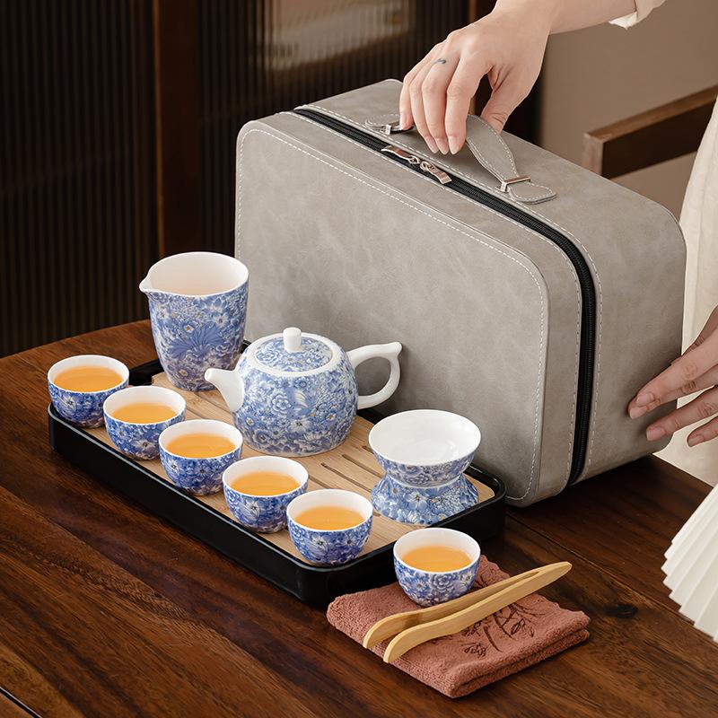 White Porcelain Flower Travel Tea Set Kung Fu Tea Set High-end Light Luxury Brewing Teapot Teacup Gift