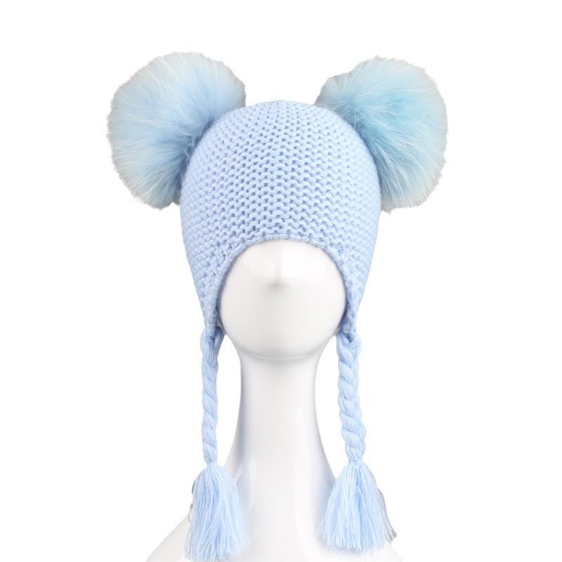 Kids Wool-Blend Knit Beanie With Double Pom Poms Ear Flaps Toddlers Ages 6M-12Y