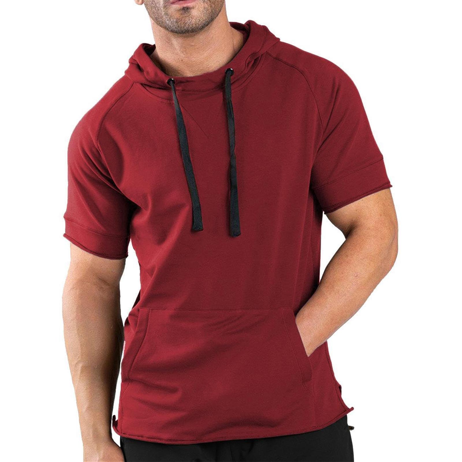 

Men s Loose Fitting Pocket Casual Sports Hooded Short Sleeved T-Shirt S винный