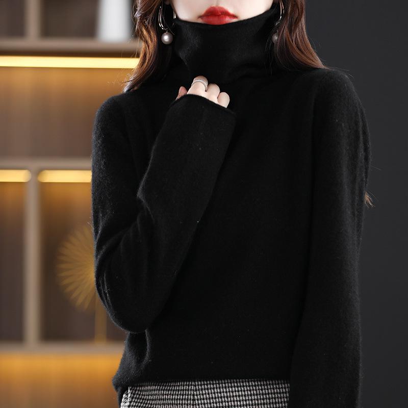 Dámský kašmírový rolák – Jednobarevný, krátký střih, jednoduchá pletenina, 100% vlna pro podzim a zimu.