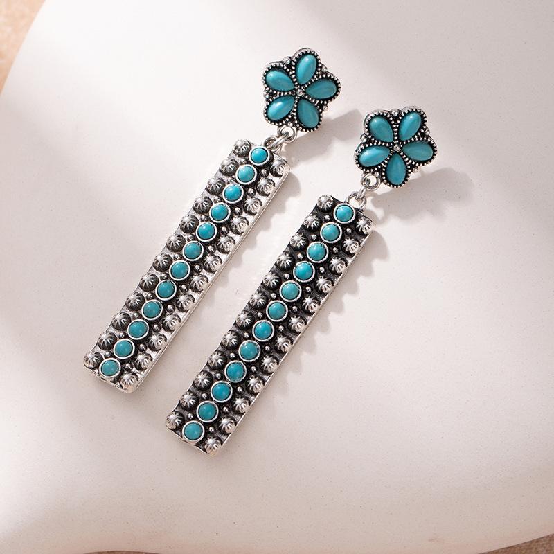 

Niche Premium Sense Vintage Flower Geometric Rectangle Turquoise Earrings Heavy Industry Bohemian Ladies Earrings