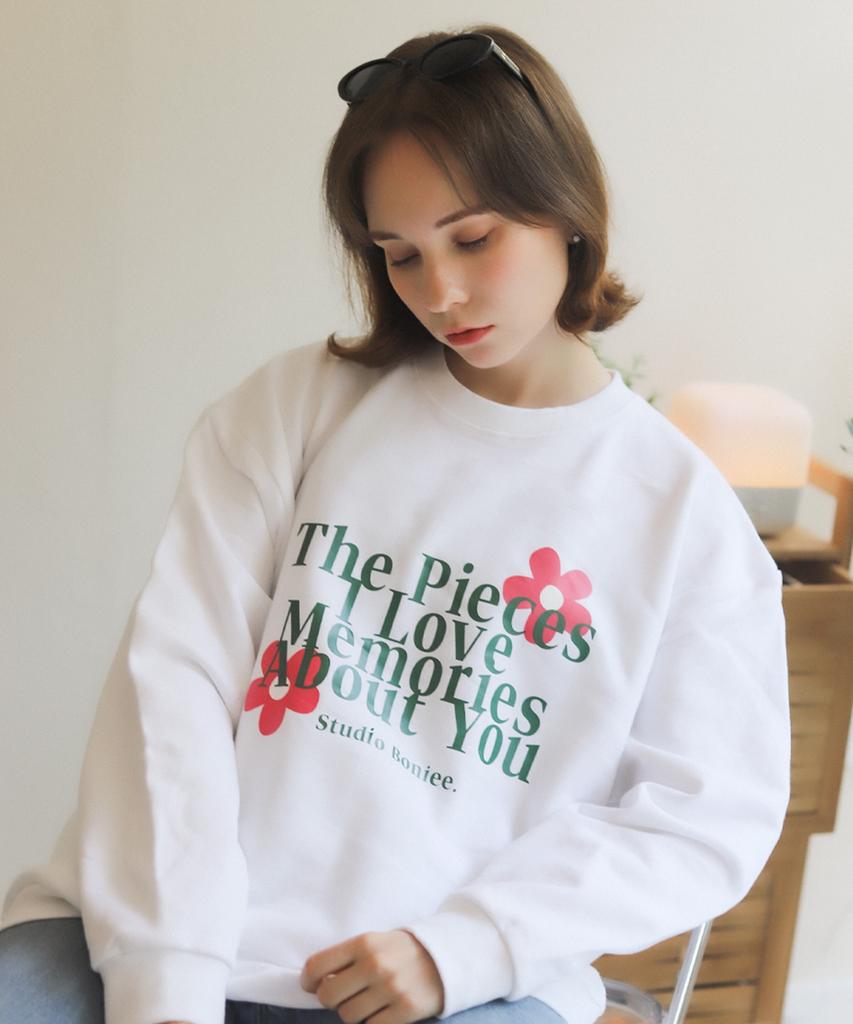 BONIEE [Fleece Lined] Memories Flower Flower Graphic Logo Graphic Oversized Sweatshirt White